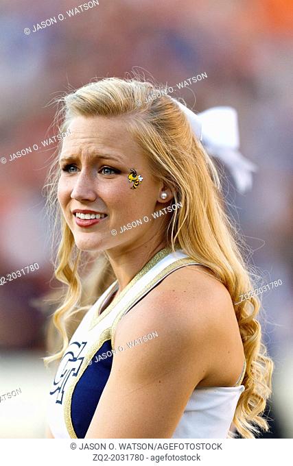 Oct 15, 2011; Charlottesville VA, USA; A Georgia Tech Yellow Jackets cheerleader on the sidelines against the Virginia Cavaliers during the third quarter at...