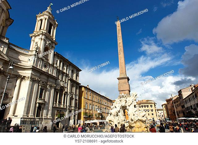 Saint Agnese in Agone church the Fountain of the four Rivers and the egyptian obelisk, Piazza Navona, Rome, Lazio, Italy, Europe