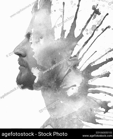 Paintography. A black and white profile portrait of a man combined with watercolor splashes. Creativity concept