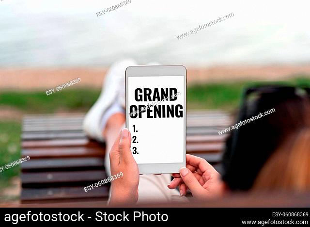 Hand writing sign Grand Opening, Business overview Ribbon Cutting New Business First Official Day Launching Voice And Video Calling Capabilities Connecting...