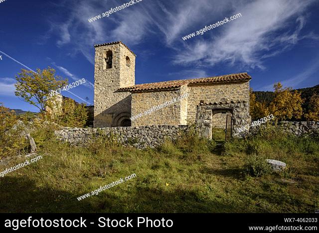 Sant Miquel de Turbians church in autumn, near Gisclareny (Barcelona province, Catalonia, Spain, Pyrenees)
