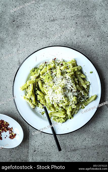 Pasta with broccoli pesto and chili