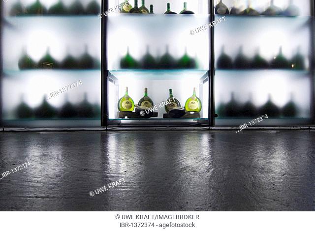Modern wine shelf at the Hofkeller vinery in the Residenz palace in Wuerzburg, Bavaria, Germany