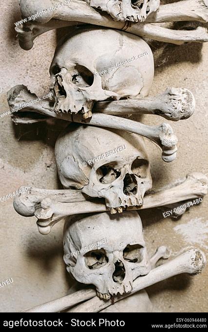 Old Bones, Skulls In Sedlec Ossuary (Kostnice), Kutna Hora, Czech. Ossuary Contain Skeletons Of Between 40, 000-70, 000 People