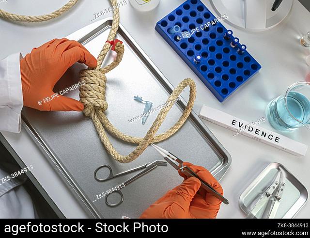 Police scientist extracts DNA sample from hanging victim's body, crime lab analysis, conceptual image