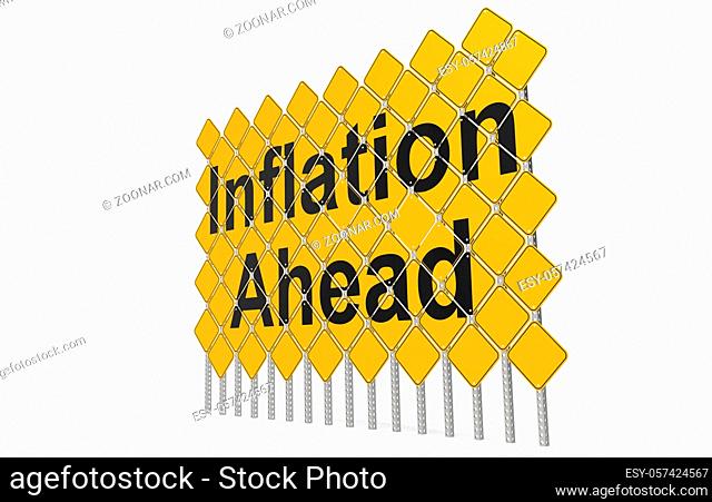 Giant yellow road signs with inflation ahead word, 3D rendering
