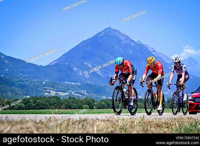 Norwegian Jonas Abrahamsen of Uno-X Pro Cycling Team, Danish Kasper Asgreen of Soudal Quick-Step and Belgian Victor Campenaerts of Lotto DSTNY pictured in...