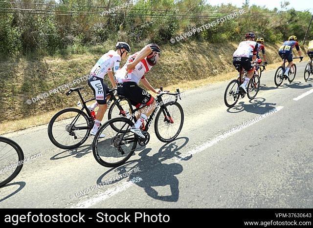 Slovenian Tadej Pogacar of UAE Team Emirates and Swiss Mark Hirschi of UAE Team Emirates pictured in action during stage sixteen of the Tour de France cycling...
