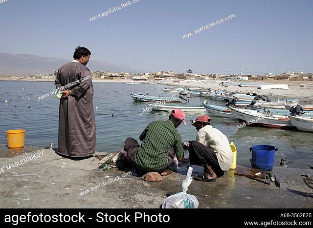 A man watches while some fishermen clear the fish catch on the quay. Oman. Photo: André Maslennikov