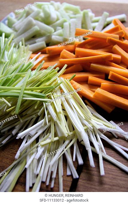 Julienned vegetables leek, carrots, kohlrabi