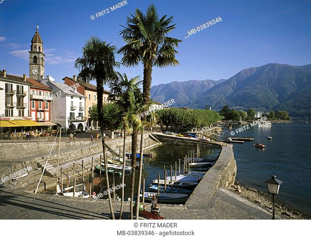 Switzerland, Tessin, Lago Maggiore, Ascona, skyline,   Lago Verbano, reach sea, place, houses, residences, church, parish church, harbor, docks, boats