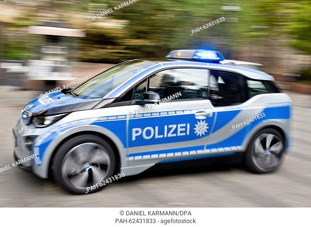 Police drive a totally electric squad car in Nuremberg, Germany, 8 October 2015. The Bavarian police will test three electric squad cars in Munich
