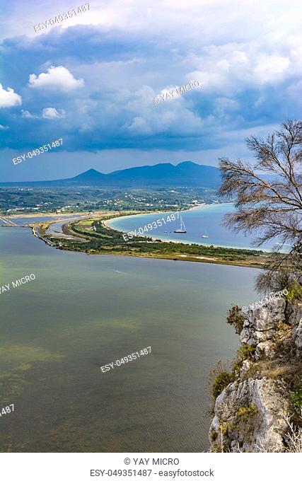 View of Divari Beach and the Divari lagoon in the Peloponnese region of Greece, from the Palaiokastro (old Navarino Castle)