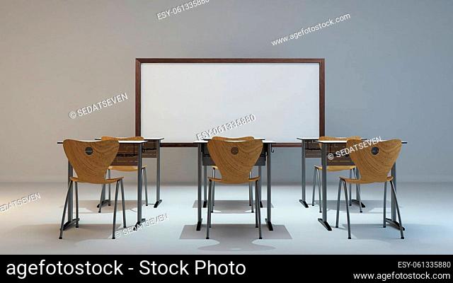 empty modern classroom concept with wooden desk, chair and white board background 3D rendering