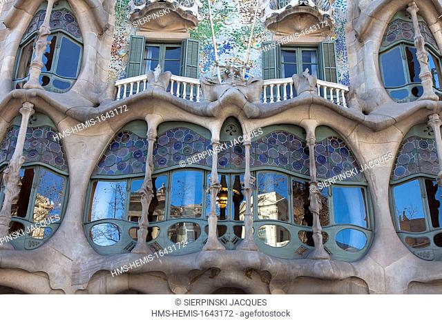 Spain, Catalonia, Barcelona, Casa Batllo in Passeig de Gracia by architect Gaudi, listed as World Heritage by the UNESCO