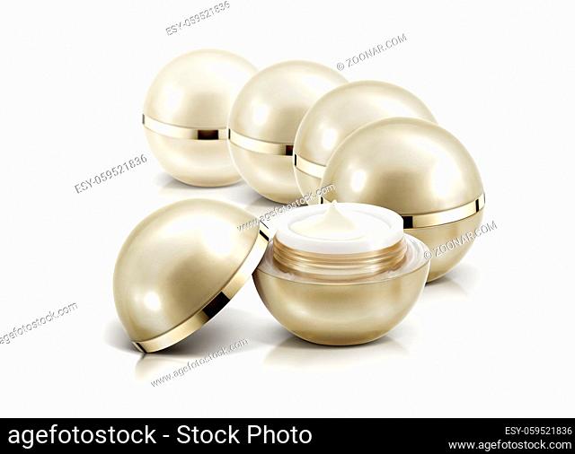 Several golden sphere cosmetic jar on white background
