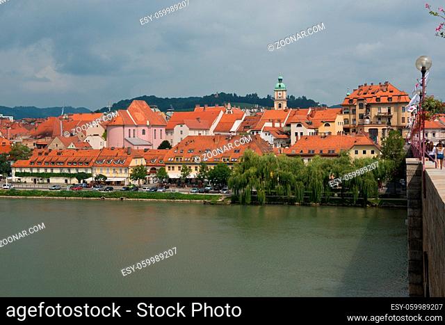 View from the Drava river of the old town of Maribor, second largest city in Slovenia