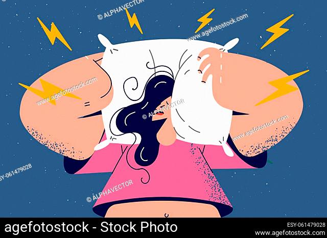 Stressed woman cover ears with pillow suffer from noise. Upset unhappy female bothered annoyed with loud noises. Vector illustration