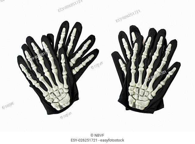 Pair of skeleton hand gloves as a part of a Halloween costume, isolated over the white background, set of two different foreshortenings