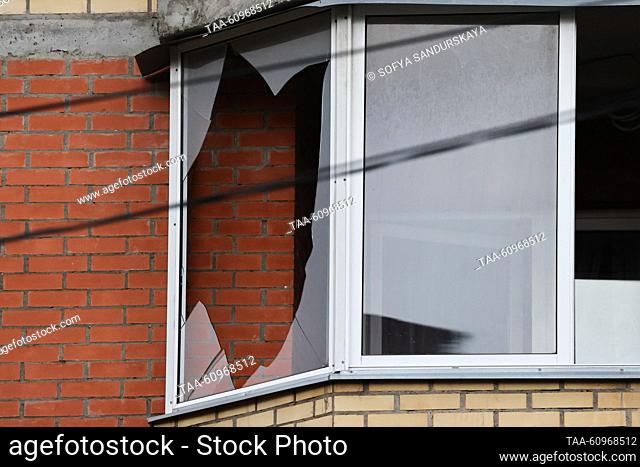 RUSSIA, MOSCOW REGION - AUGUST 9, 2023: A shattered window at the scene of an explosion at Zagorsk Optical and Mechanical Plant in the town of Sergiyev Posad