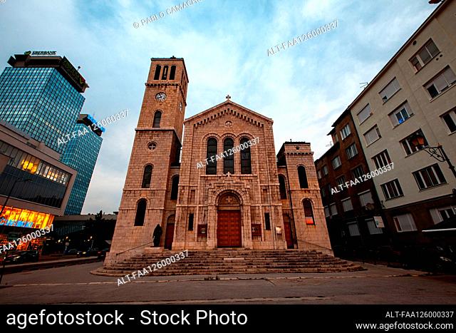 Low angle view of Saint Joseph's Church in Sarajevo city