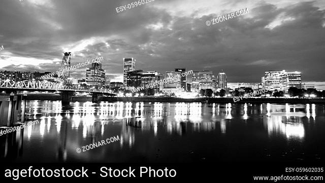Black and White representation of downtown Portland Oregon at night