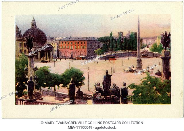 Italy, Rome - Piazza del Popolo (People's Square) - looking west from the Pincio. An Egyptian obelisk of Ramesses II from Heliopolis stands in the centre of the...