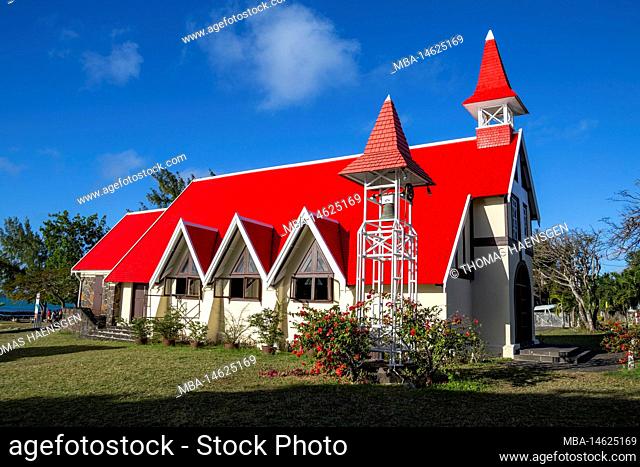 Notre Dame Auxiliatrice Church with distinctive red roof at Cap Malheureux, Mauritius Island, Indian Ocean