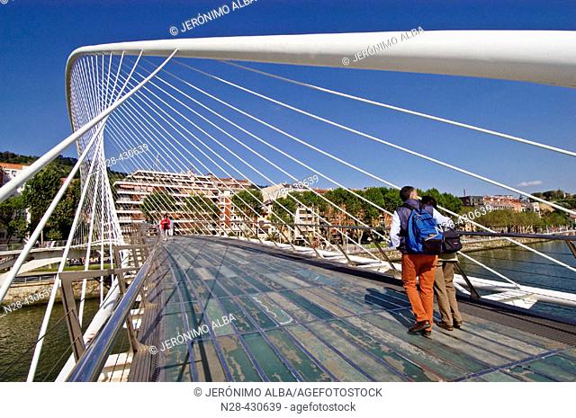 Zubizuri ('White Bridge') bridge by Santiago Calatrava over ria, Bilbao. Biscay, Euskadi. Spain