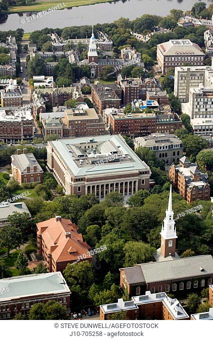 Harvard University aerial view. View over Harvard Yard and Widener Library to Lowell House and Charles River. Memorial Church bottom center