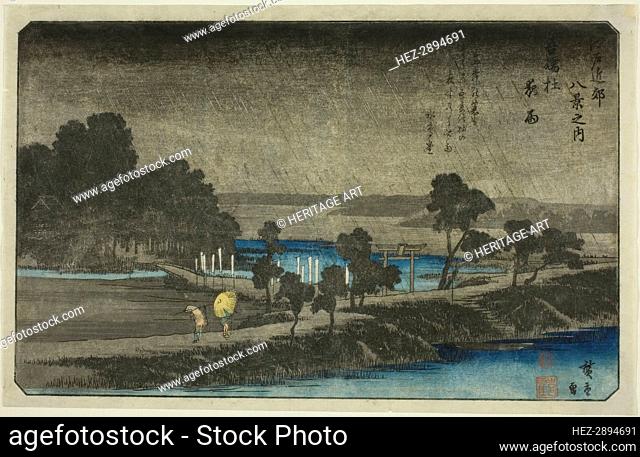 Evening Rain at Azuma Shrine (Azuma no mori yau), from the series Eight Views in.., c. 1837/38. Creator: Ando Hiroshige