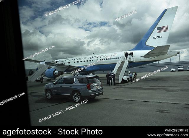 United States Vice President Kamala Harris and Second Gentleman Doug Emhoff prepare to depart Buffalo Niagara International Airport after attending the memorial...