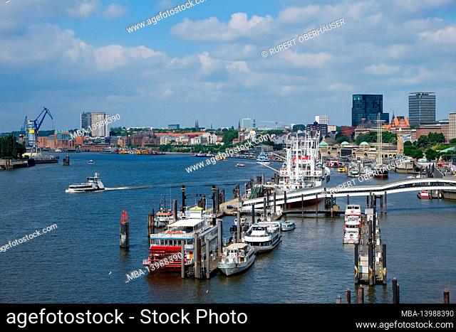 Hamburg, Germany - city view of Hamburg harbor, with Elbe promenade, Ueberseebruecke, Elbe, city center, St. Pauli, Altona, Landungsbruecken, museum ships