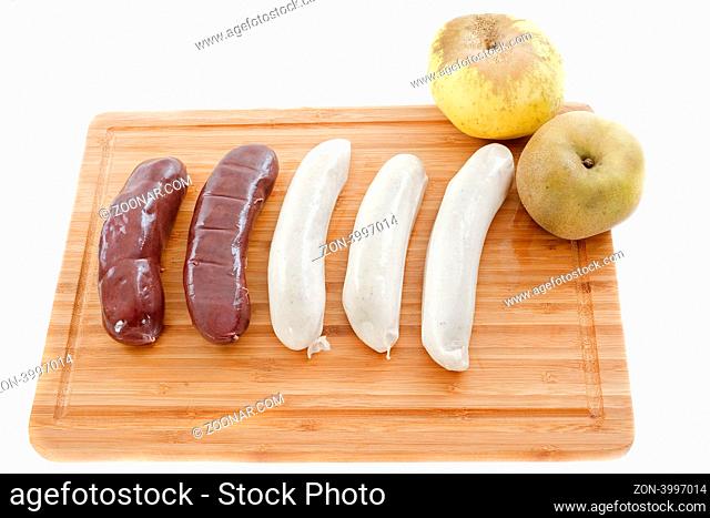 black pudding sausages and white sausage, boudin, on a cutting board