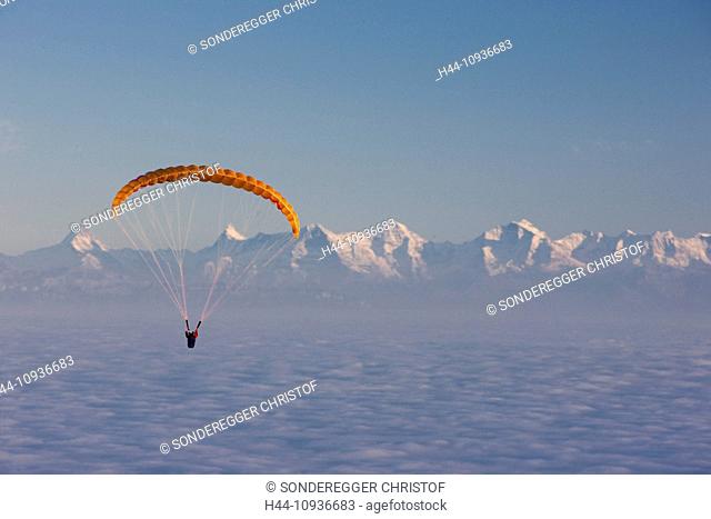 Paraglider, paragliding, sea of fog, fog, Bernese, Alps, autumn, canton, Bern, mountain, mountains, Bernese, Alps, Eiger, Jungfrau, monk, Mönch, Eiger