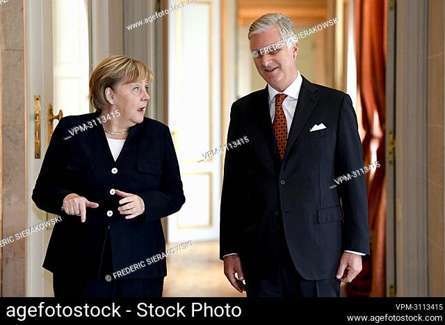 Chancellor of Germany Angela Merkel and King Philippe - Filip of Belgium arrive for a lunch at the Royal Castle in Laeken-Laken, Brussels