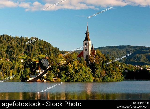The island with the Assumption of Mary Church situated on the Lake Bled in the Julian Alps. One of the icon of Slovenia