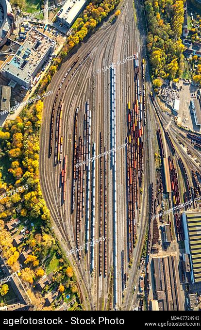 Aerial shots, tracks, marshalling yard, freight depot, carriages, cargo carriages, Thyssenkrupp Steel Europe AG Duisburg, old Ham spring, Duisburg, Ruhr area