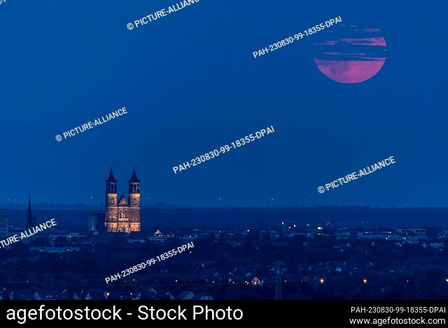 30 August 2023, Saxony-Anhalt, Magdeburg: The supermoon can be seen behind a band of clouds next to Magdeburg Cathedral. In the night from August 30 to 31 the...