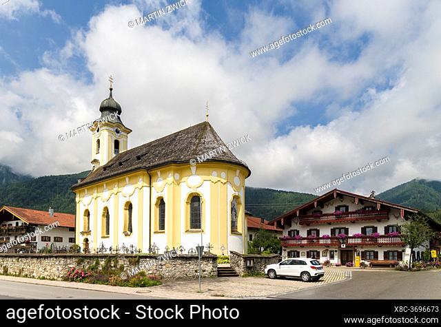 Church Sankt Remigius. Village Schleching in the Chiemgau in the bavarian alps. Europe, Germany, Bavaria