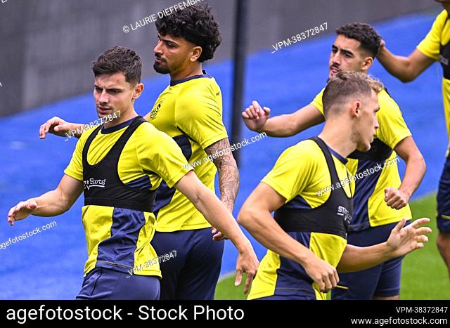 Union's Dante Vanzeir and Union's Cameron Puertas Castro pictured during a training session of Belgian soccer team Royale Union Saint-Gilloise
