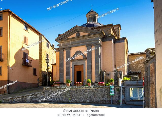 Bagnoregio, Lazio / Italy - 2018/05/26: St. Bonaventure Church in historic center of old town quarter at Piazza di Porta Albana square