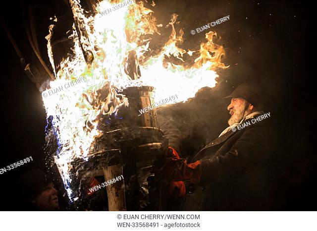 The annual ""Burning of the Clavie"" at the Burghead a fishing village on the Moray Firth which celebrates New Year. Featuring: Clavie King Where: Burghead