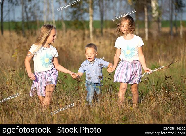 Happy family: sisters and little brother on a summer meadow