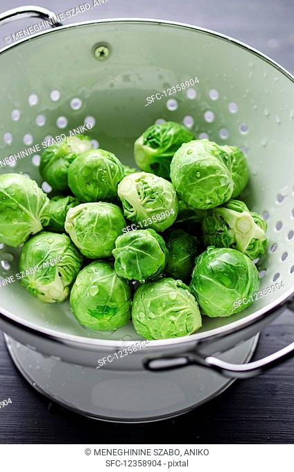 Freshly washed brussels sprouts in a colander