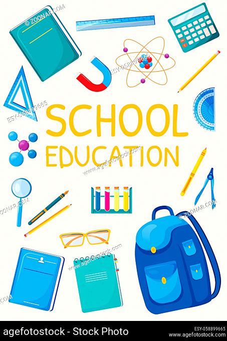 School education poster flat vector template. Student accessories. School supplies. Brochure, booklet one page concept design with cartoon characters