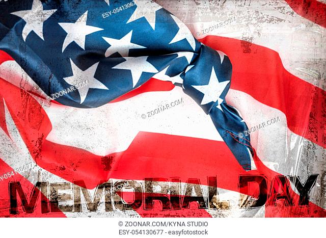 American flag with knot. Conceptual representation of an important event to remember. Save the date. Space for text. Background with old marking tapes