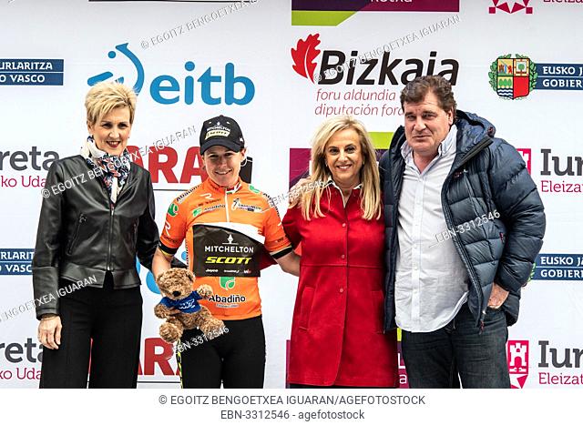 Amanda Spratt, points classification leader, at the podium of the 2nd stage of UCI women cycling race Emakumeen Bira, at the Basque Country