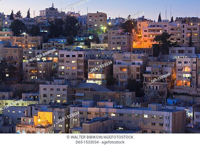 Jordan, Amman, elevated view of Central Amman, dusk