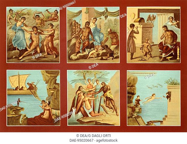 Reproduction of some frescoes depicting mythological subjects, from The Homes and Monuments of Pompeii, by Fausto and Felice Niccolini, Volume IV